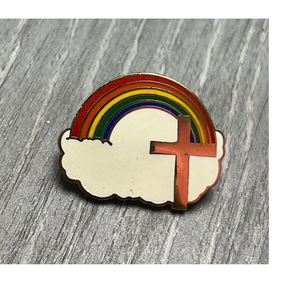 C Sanders Jewelry - Vintage C Sanders Rainbow Cloud Christian Cross Enamel Pin Gold Tone Religious